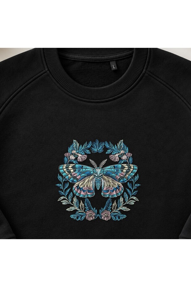 Floral Wreath Moth Embroidered Crew Neck Sweatshirt Unisex