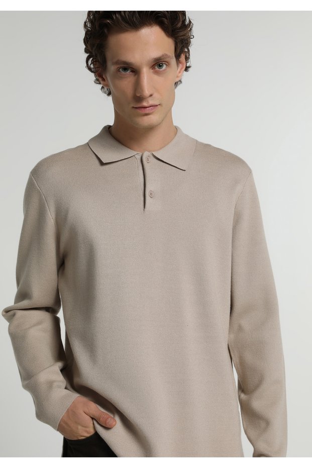 Regular Fit Polo Neck Jacquard Men's Beige Sweater