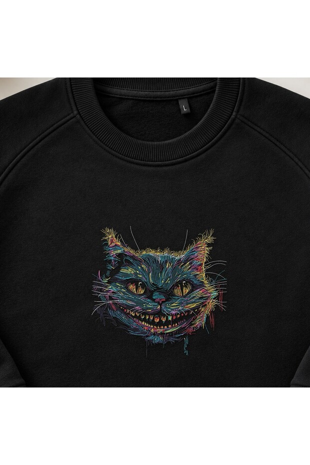 Wonderland Fantastic Cat Embroidered Crew Neck Sweatshirt Unisex