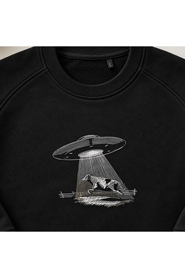 Ufo Cow Abduction Funny Embroidered Crewneck Sweatshirt Unisex