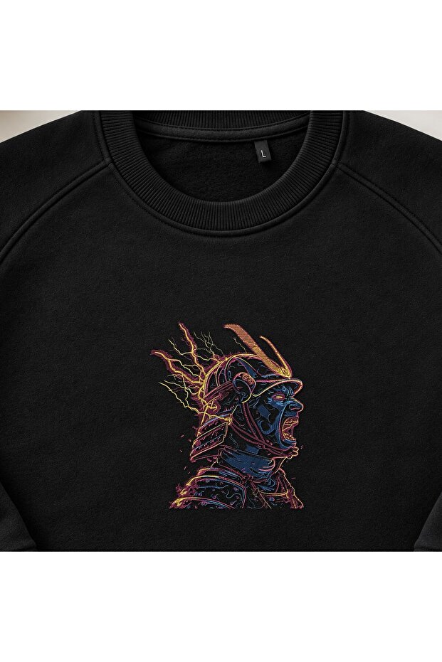 Neon Lightning Samurai Warrior Embroidered Crew Neck Sweatshirt Unisex