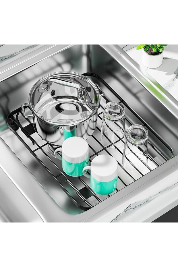 رف تجفيف الأطباق فوق الحوض - حامل أطباق مدمج للمطبخ مع أرجل داعمة قابلة للتعديل، متعدد الاستخدامات
