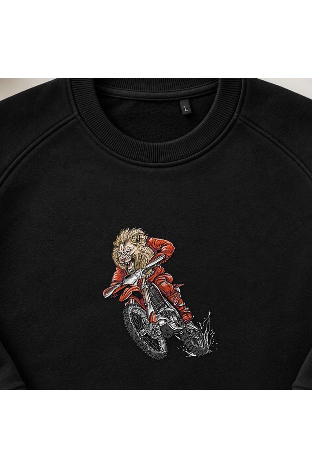 Motocross Lion Embroidered Crew Neck Sweatshirt Unisex