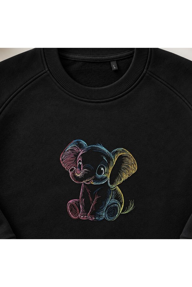 Rainbow Neon Baby Elephant Embroidered Crew Neck Sweatshirt Unisex
