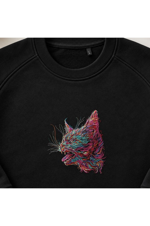 Rainbow Colored Cat Embroidered Crew Neck Sweatshirt Unisex