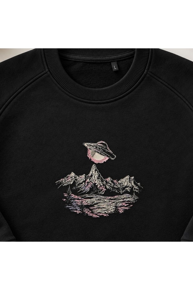 Cosmic Planet Mountain Landscape Embroidered Crew Neck Sweatshirt Unisex