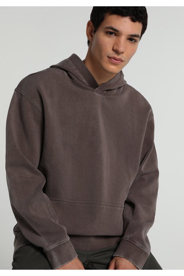 Relaxed Fit Hooded Plain Men's Brown Sweatshirt