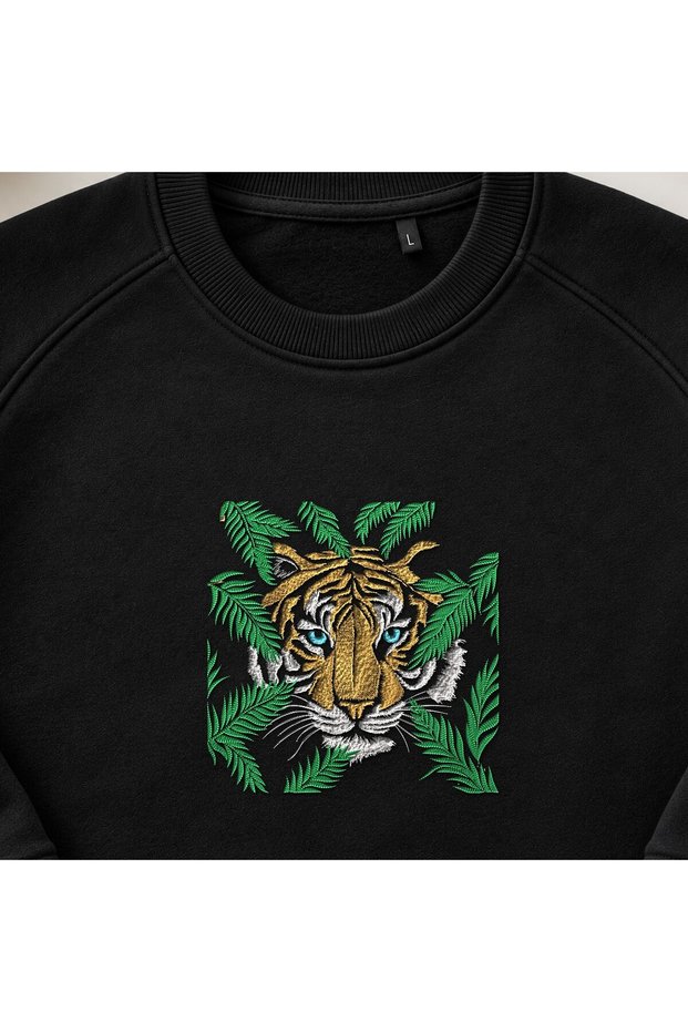 Forest Leaf Tiger Embroidered Crew Neck Sweatshirt Unisex