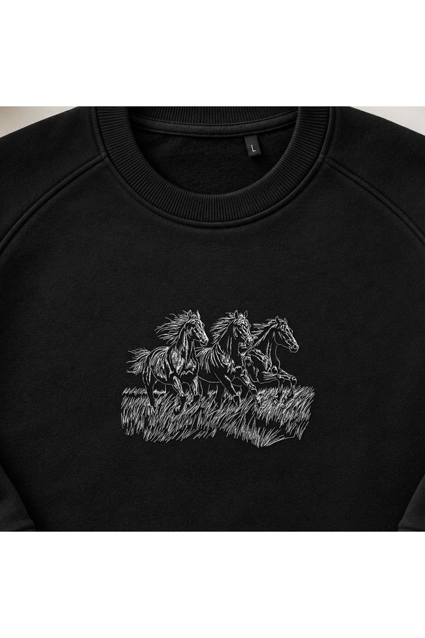 Running Three Wild Stallions Embroidered Crew Neck Sweatshirt Unisex