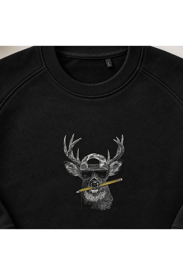Cool Hipster Deer Embroidered Crew Neck Sweatshirt Unisex
