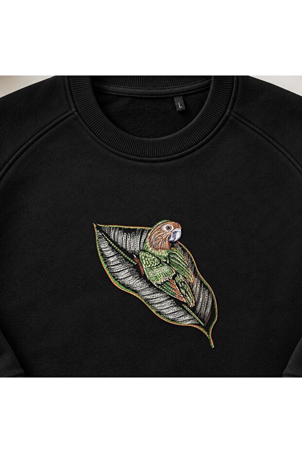 Tropical Leaf Parrot Embroidered Crew Neck Sweatshirt Unisex