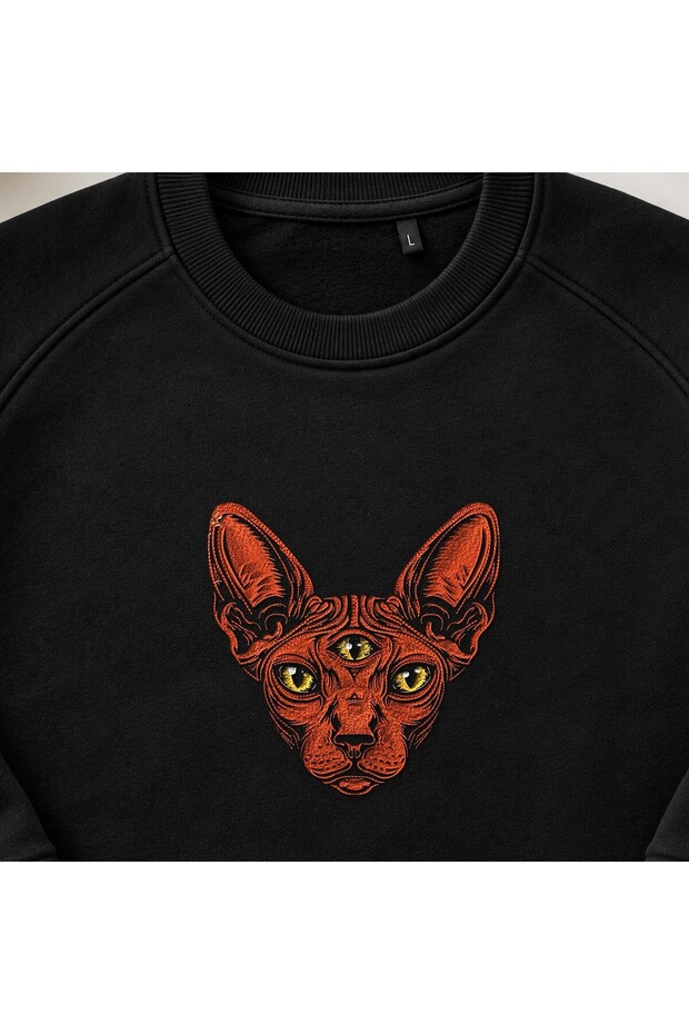 Three-Eyed Mystical Sphinx Cat Embroidered Crew Neck Sweatshirt Unisex