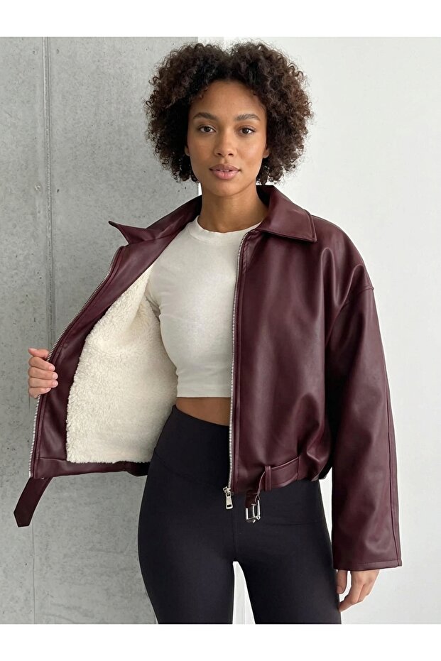 Agli̇mmer Viral Women's Bomber Claret Red Faux Leather Jacket with Wool Belt Detail
