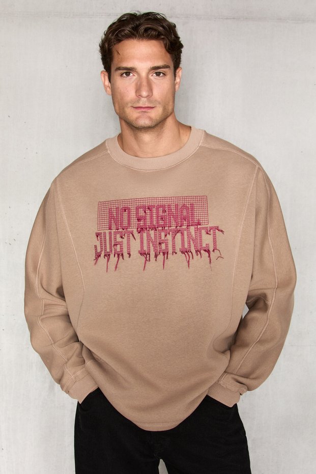 Kael men's front embroidery detailed beige sweatshirt