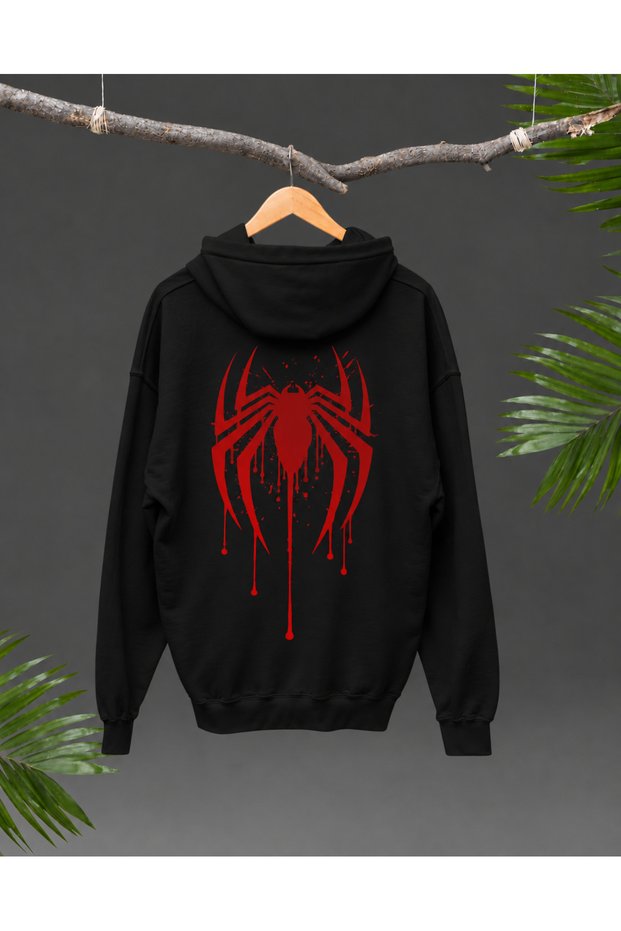 Spider-Man Anime Printed Oversize Hooded Sweatshirt Unisex Black White