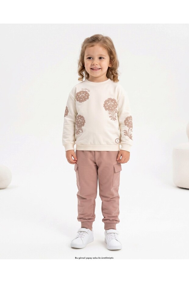 Girl's Floral Printed Seasonal Compact 2-Strand Tracksuit Set for Ages 2-3-4-5-6