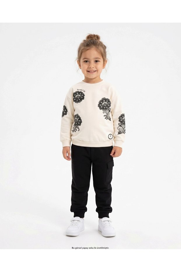 Girl's Floral Printed Seasonal Compact 2-Strand Tracksuit Set for Ages 2-3-4-5-6