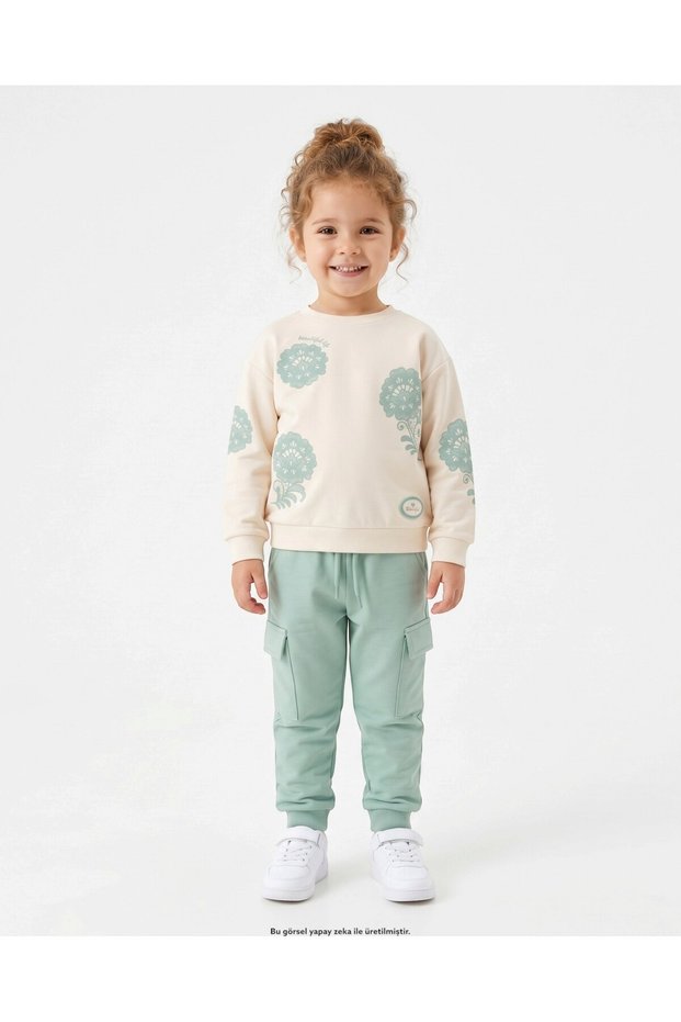 Girl's Floral Printed Seasonal Compact 2-Strand Tracksuit Set for Ages 2-3-4-5-6