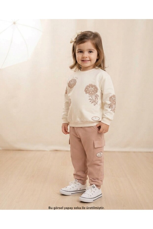Girl's Floral Printed Seasonal Compact 2-Strand Tracksuit Set for Ages 2-3-4-5-6