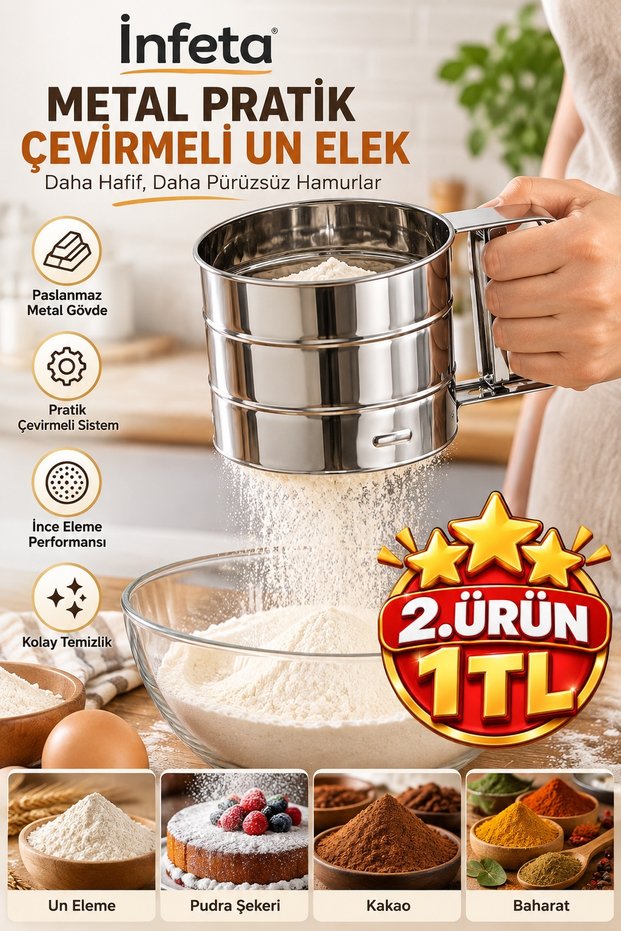 Metal Practical Rotating Flour Sieve with Handle and Mechanism for Sifting Flour and Sugar