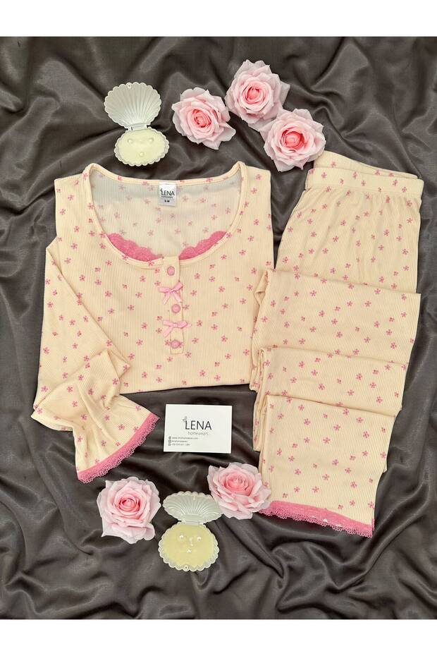 Cream Pink Floral Patterned Lace Detailed Patched Long Sleeve Berlin Camisole Pajama Set