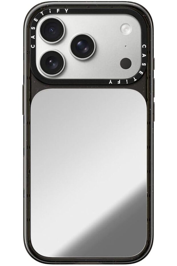 iPhone 18 Pro Impact Canvas Mirror Case | MagSafe Compatible, Reflective Mirror Back, Protective Phone Case, Raised Screen & Camera Edges, Charm-Ready - Silver/Glossy Black