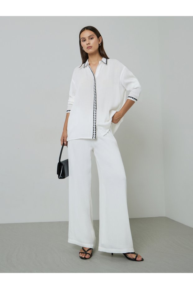 Cream Contrast Trims Shirt and Wide Leg Trousers Set