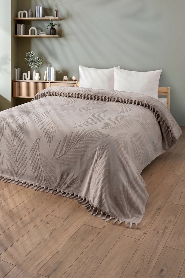 Single Fringed Towel Bedspread - 100% Cotton & Soft & Fringed Pique - 150X220 cm - Beige