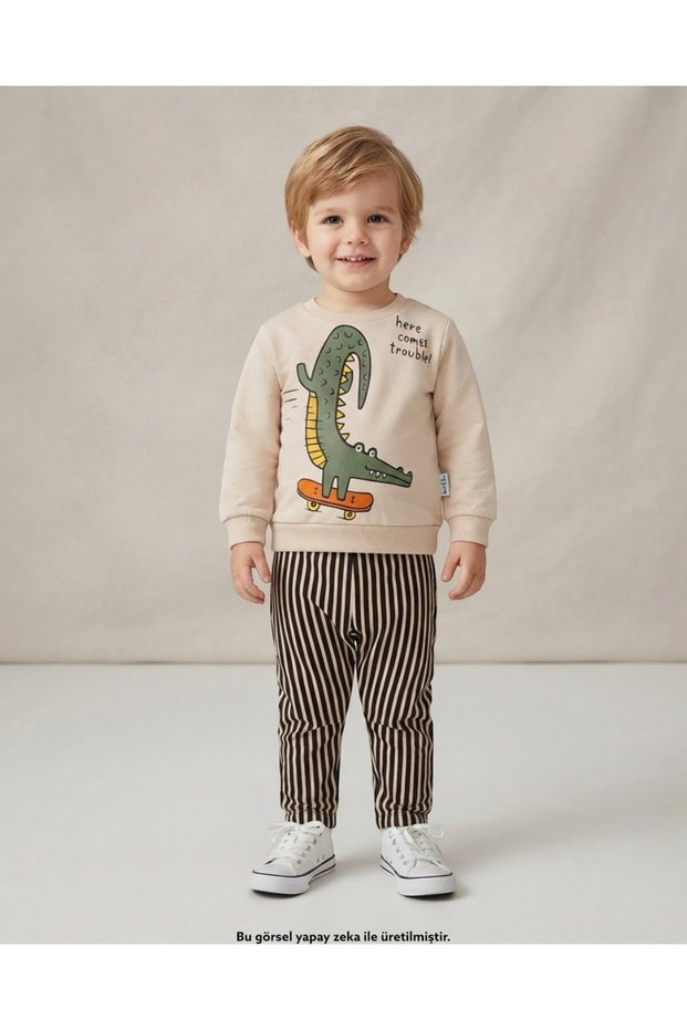 Baby Boy Crocodile Printed Stripe Parachute Pants 1-2-3-4 Years Old 2-Piece Stylish Bottom and Top Baby Set