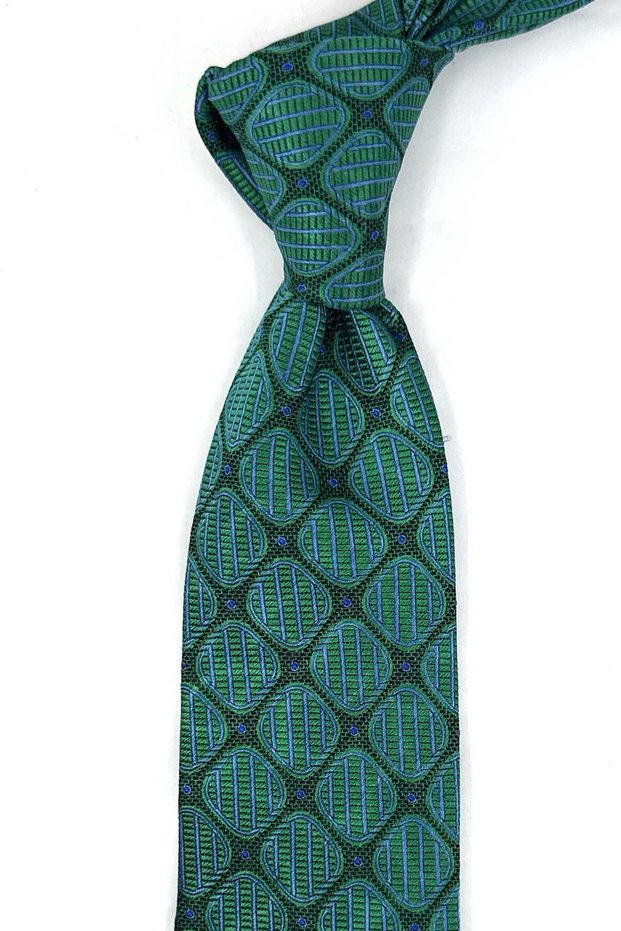 Green Motif Pattern Italian Silk Tie İk2618