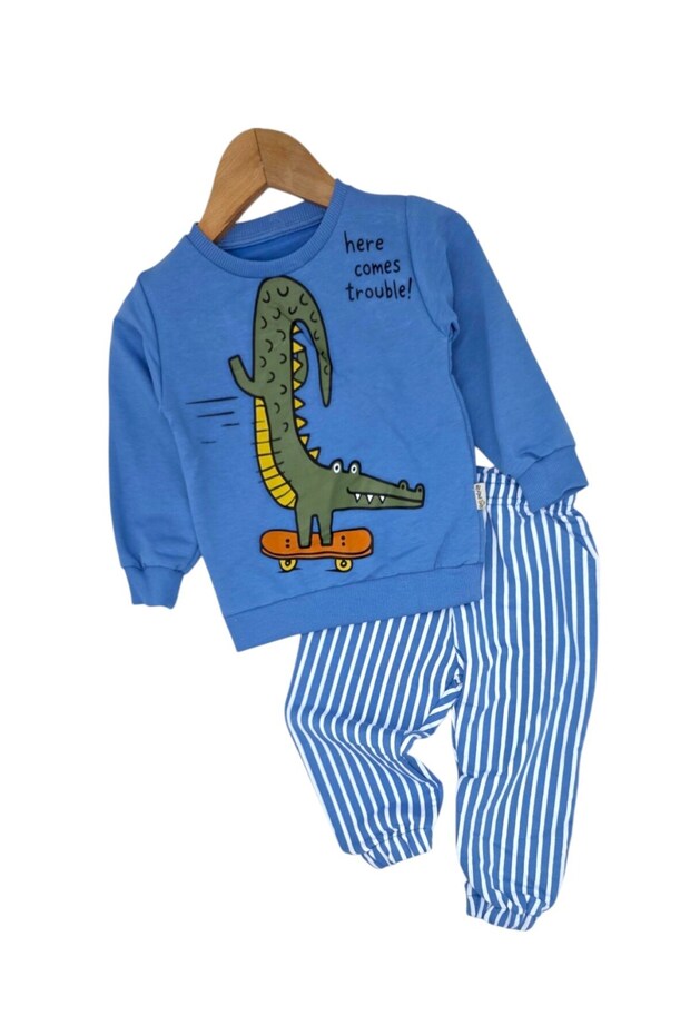 Baby Boy Crocodile Printed Stripe Parachute Pants 1-2-3-4 Years Old 2-Piece Stylish Bottom and Top Baby Set