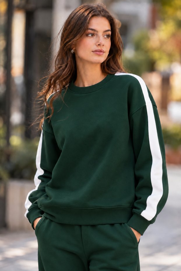 Women's Crew Neck Sweatshirt with Striped Details Oversize Green