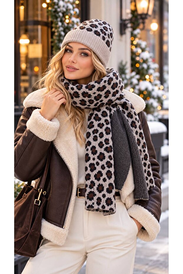 Gray Knitwear Leopard Patterned Beanie and Shawl 2-Piece Set