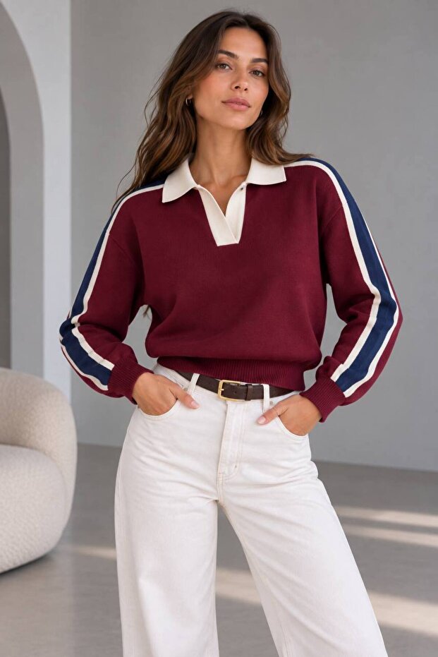 Women's Polo Collar Stripe Detailed Knit Sweater