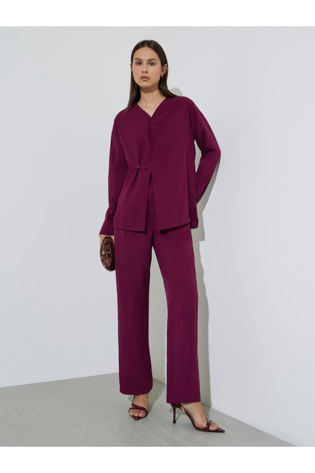 Burgundy Wrap Front Shirt and Trousers Co-ords Set