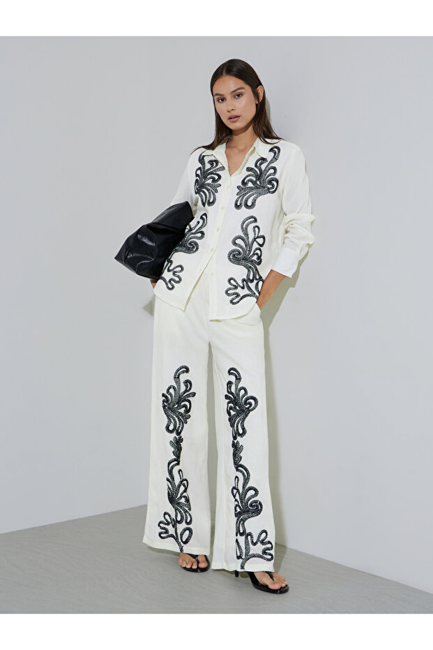 Off White Embroidered Long Sleeves Shirt and Wide Leg Trousers Set