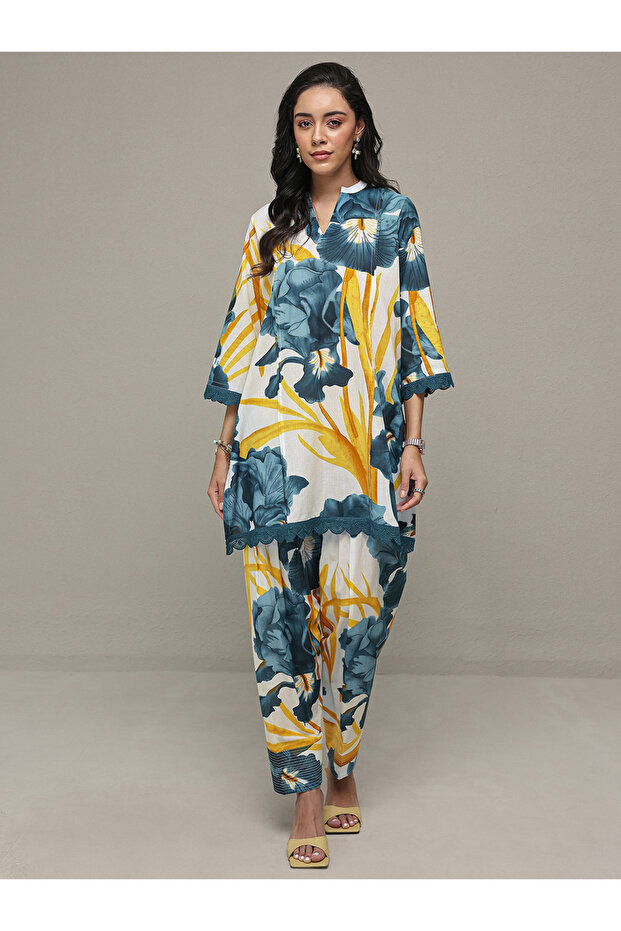 White Printed Cotton Straight Kurta And Salwar Set