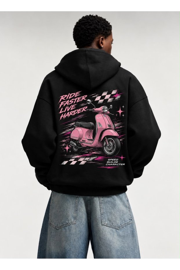 Black Pink Vespa Scooter Printed Oversize Hooded Sweatshirt Ride Faster