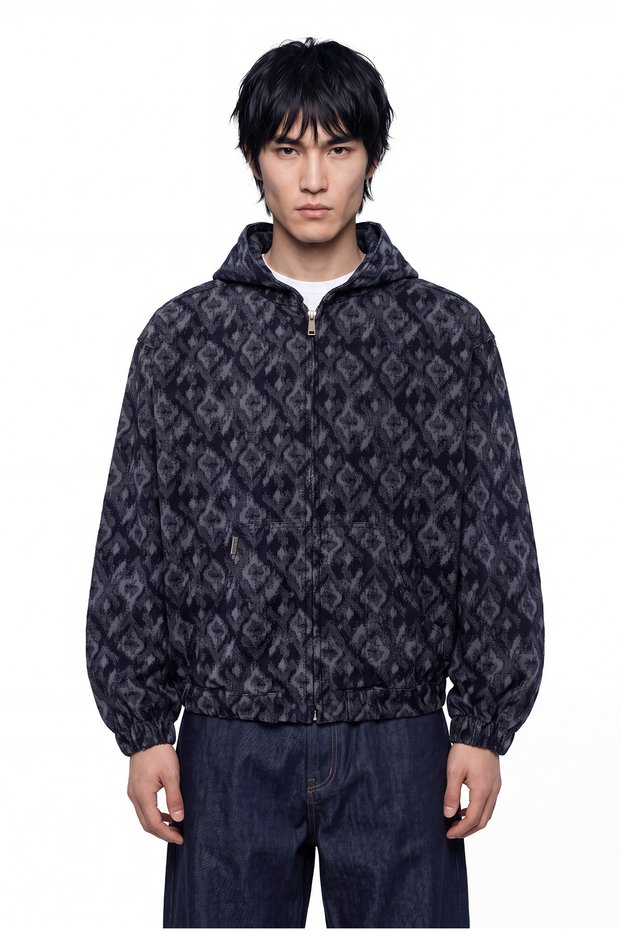 Men's Patterned Hooded Jean Jacket Blue Ikat