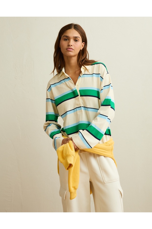 AE Long-Sleeve Striped Rugby Polo Shirt
