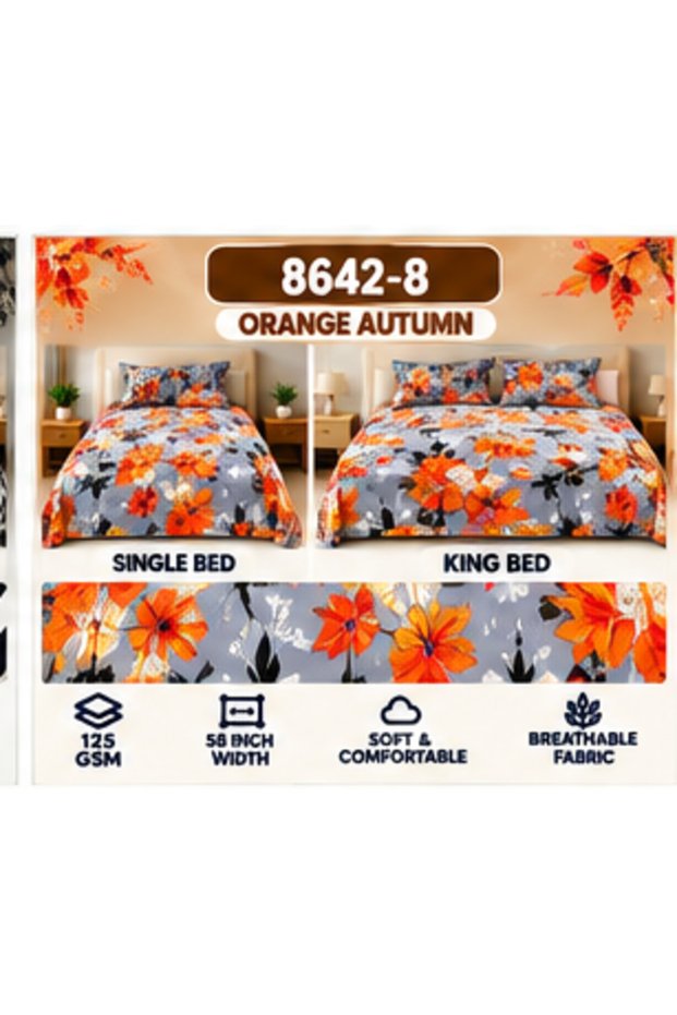 Orange Autumn Single Bedsheet Set 270 * 260cm, 1 king flat sheet with 2 Pillow Covers