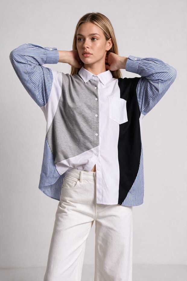 Asymmetrical Stone Embellished Premium Shirt Lby0099 Gray White
