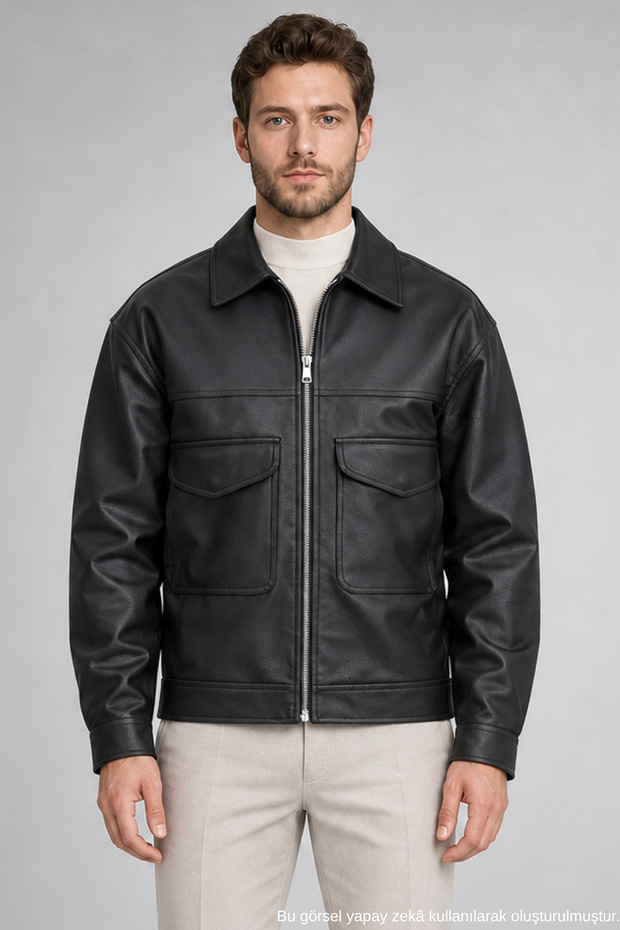 Men's Black Oversize Faux Leather Coat with Flap Chest Pockets and Zipper