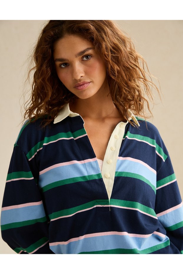 AE Long-Sleeve Striped Rugby Polo Shirt