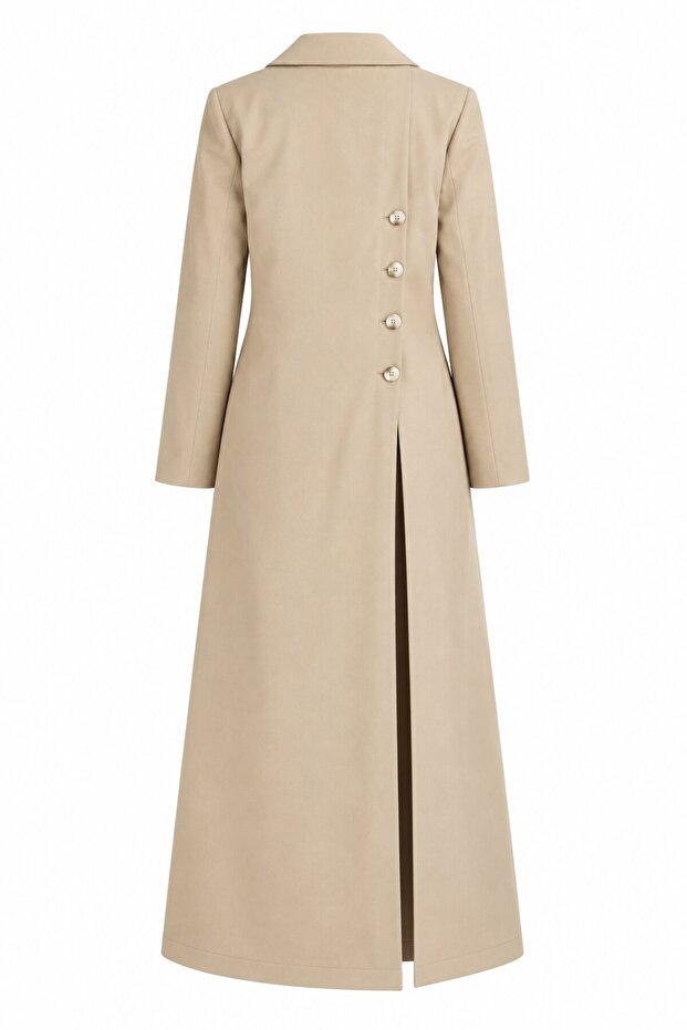Beige Buttoned Back Padded Gabardine Trench Coat with Slit Detail - 2Y7010