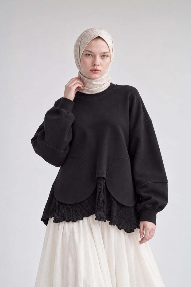 Gathered Skirt Layered Sweatshirt Black