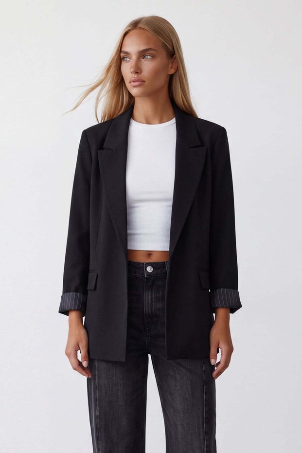 Women's Black Patterned Lined Blazer Jacket Alc-X15643