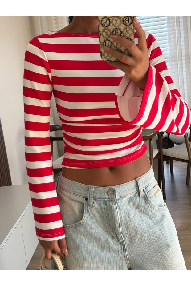 Women's Red Striped Gathered Spanish Sleeve Blouse 1628