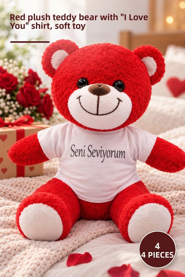 4 Plush Teddy Bears – Red Plush Gift with T-Shirt and "I Love You" Written, Plush Teddy Bear, Soft Toy