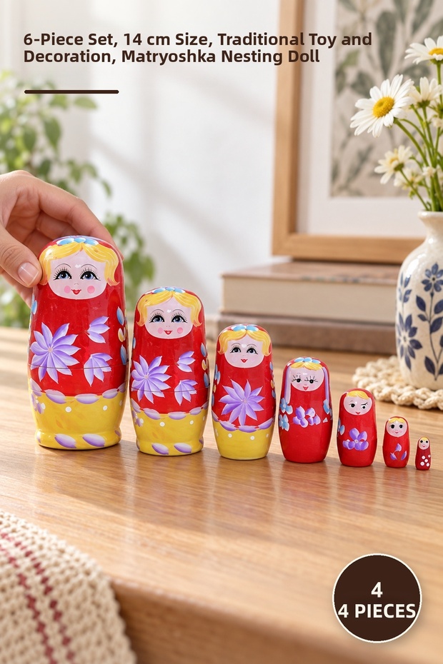4 Pieces Wooden Matryoshka – Set of 6 Nesting Dolls, 14 cm Size, Traditional Toy and Decoration, Matryoshka Nesting Doll